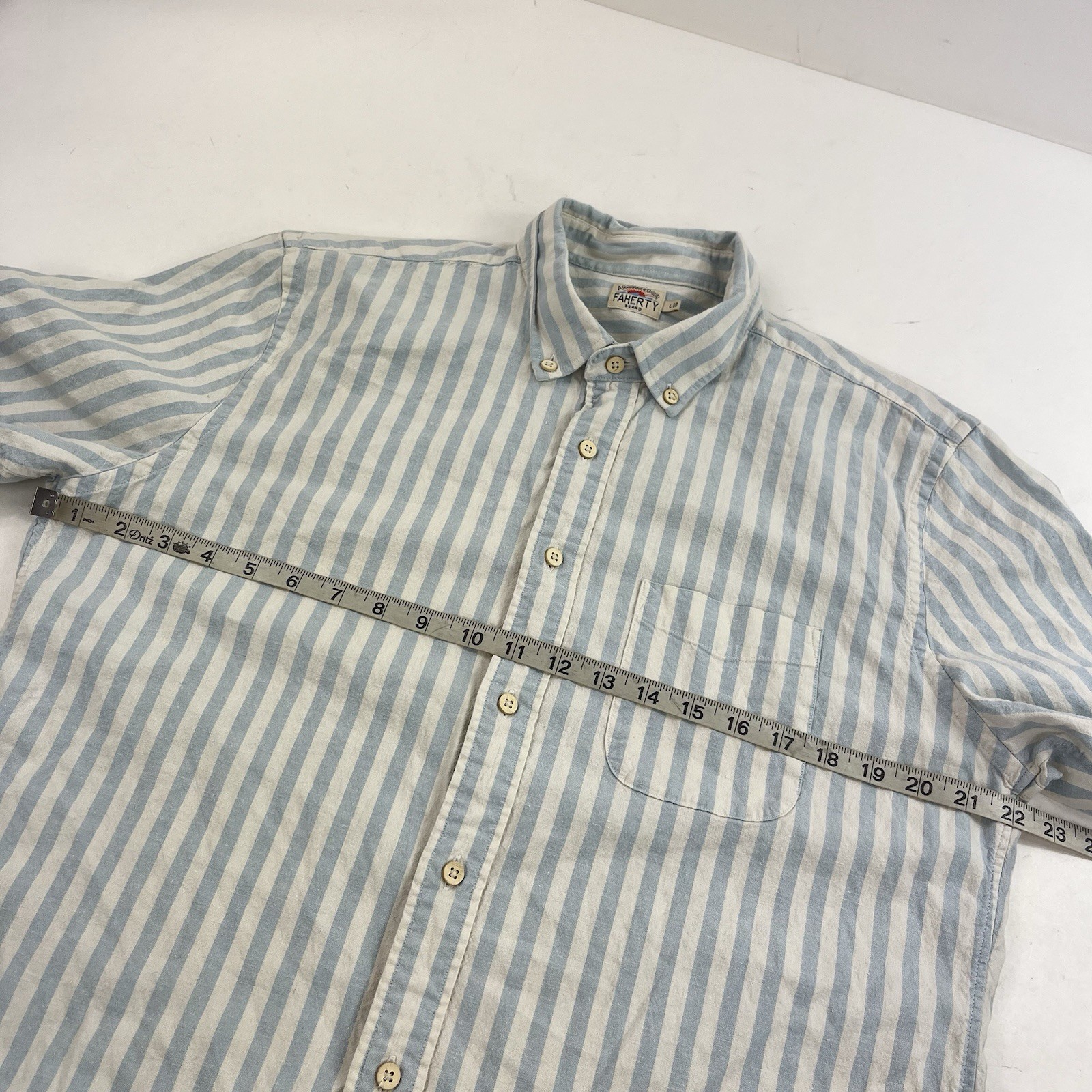 Faherty Short Sleeve Breeze Shirt Button Down Blue Stripe Size Large Hemp Blend
