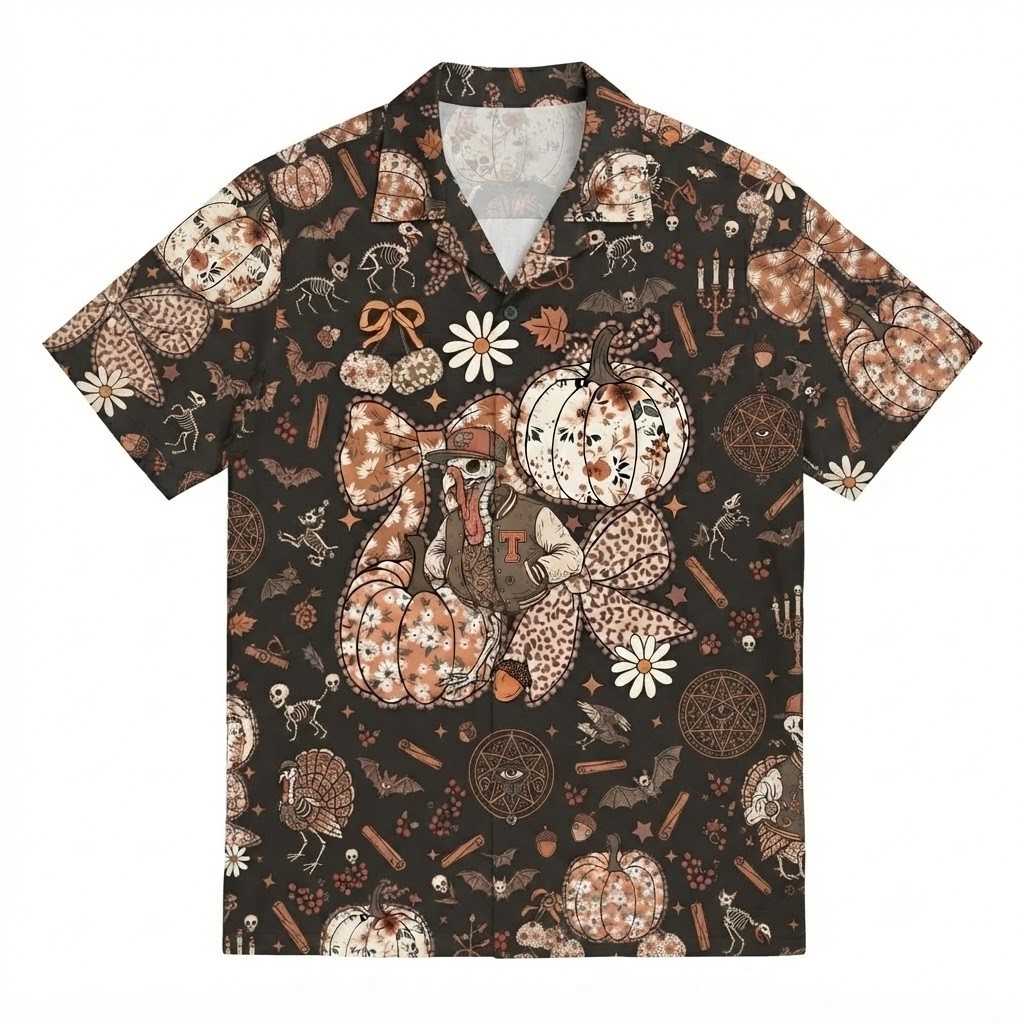 Floral Pumpkin Shirt, Fall Coquette Bow Shirt, Pumpkin Hawaiian Shirt Halloween