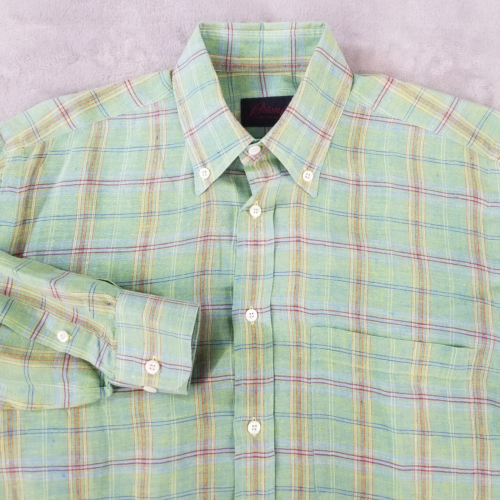 Brioni Shirt Men 40 15 3/4 Green Plaid 100% Linen Long Sleeve Made in Italy