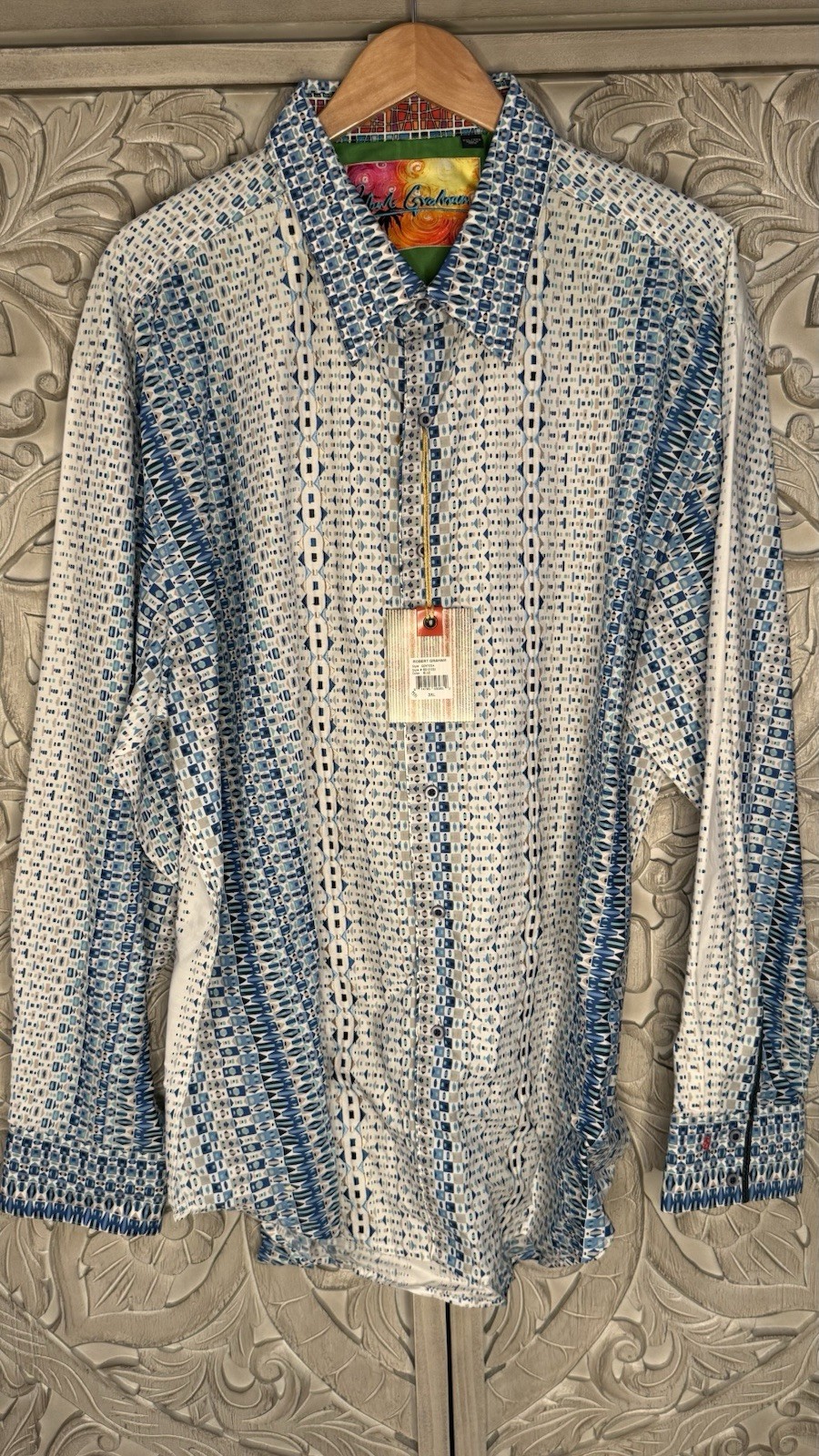 Robert Graham Men’s 3XL Blue White Geometric Cotton Woven Long Sleeve Shirt
