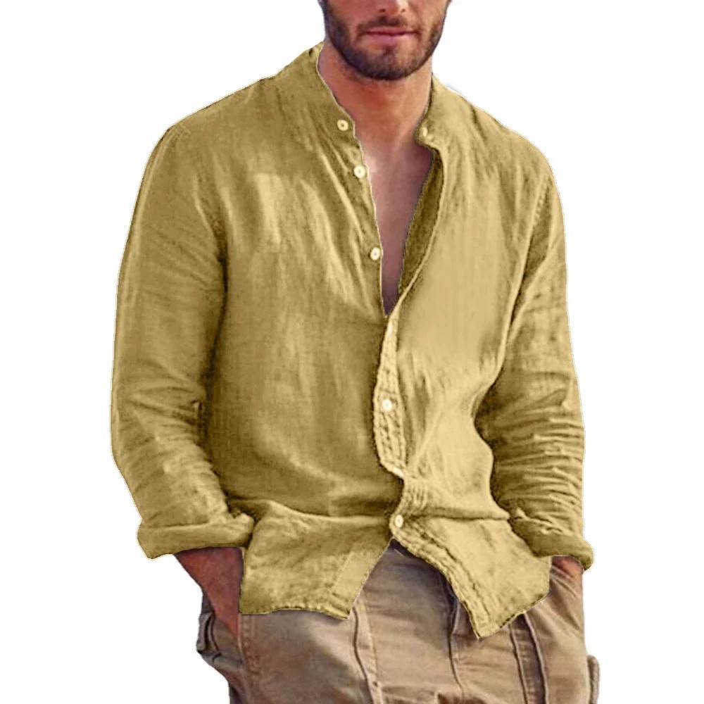 Mens Band Collar Shirt Long Sleeve Casual Button Front Summer Top