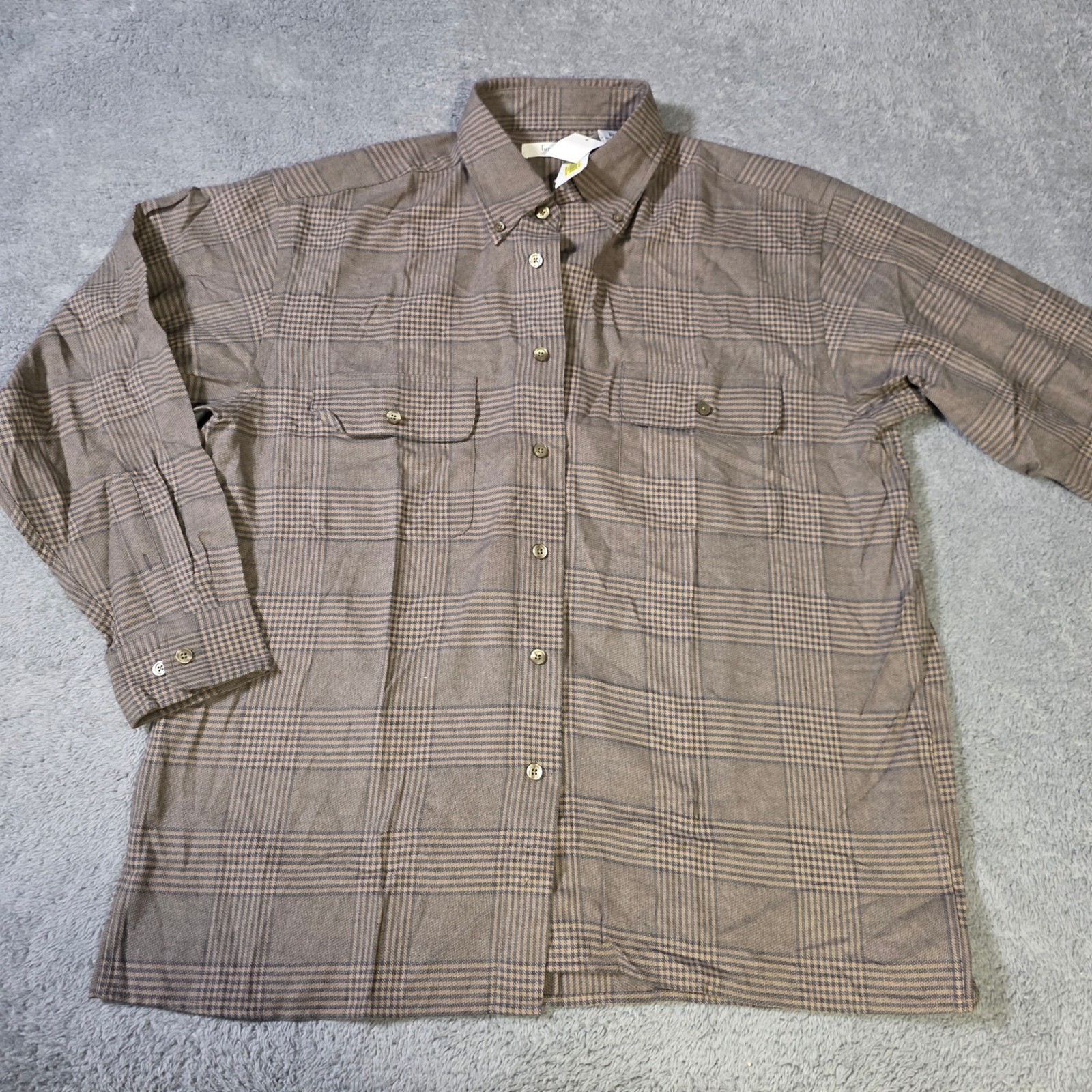 Turnbury Mens L Button Down Shirt Brown Plaid Long Sleeve Cotton Pockets