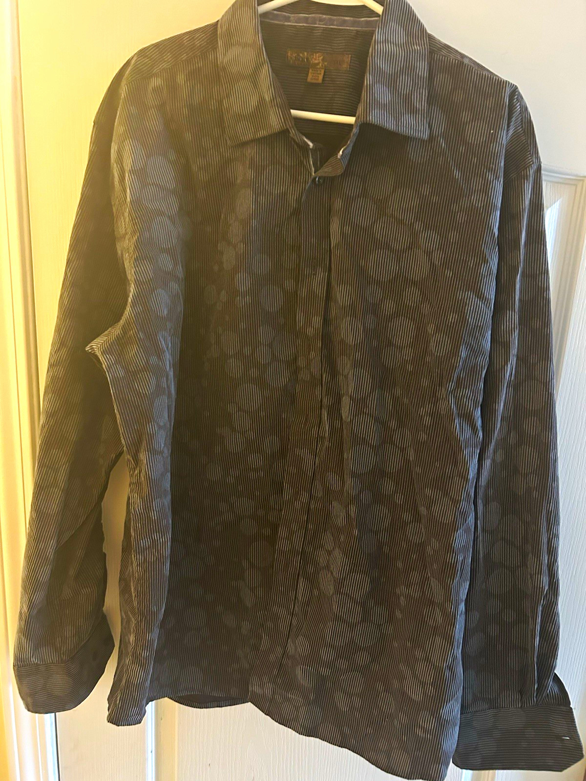 Blue Men’s XXL Dark Brown/Gray Striped Cotton Button-Up Long Sleeve Point Collar