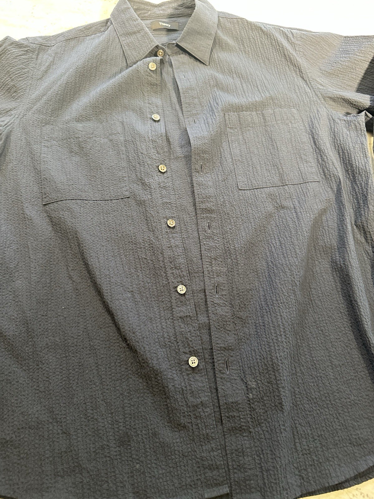THEORY Navy Seersucker Shirt Men’s Large Crinkle Texture Minimalist Style