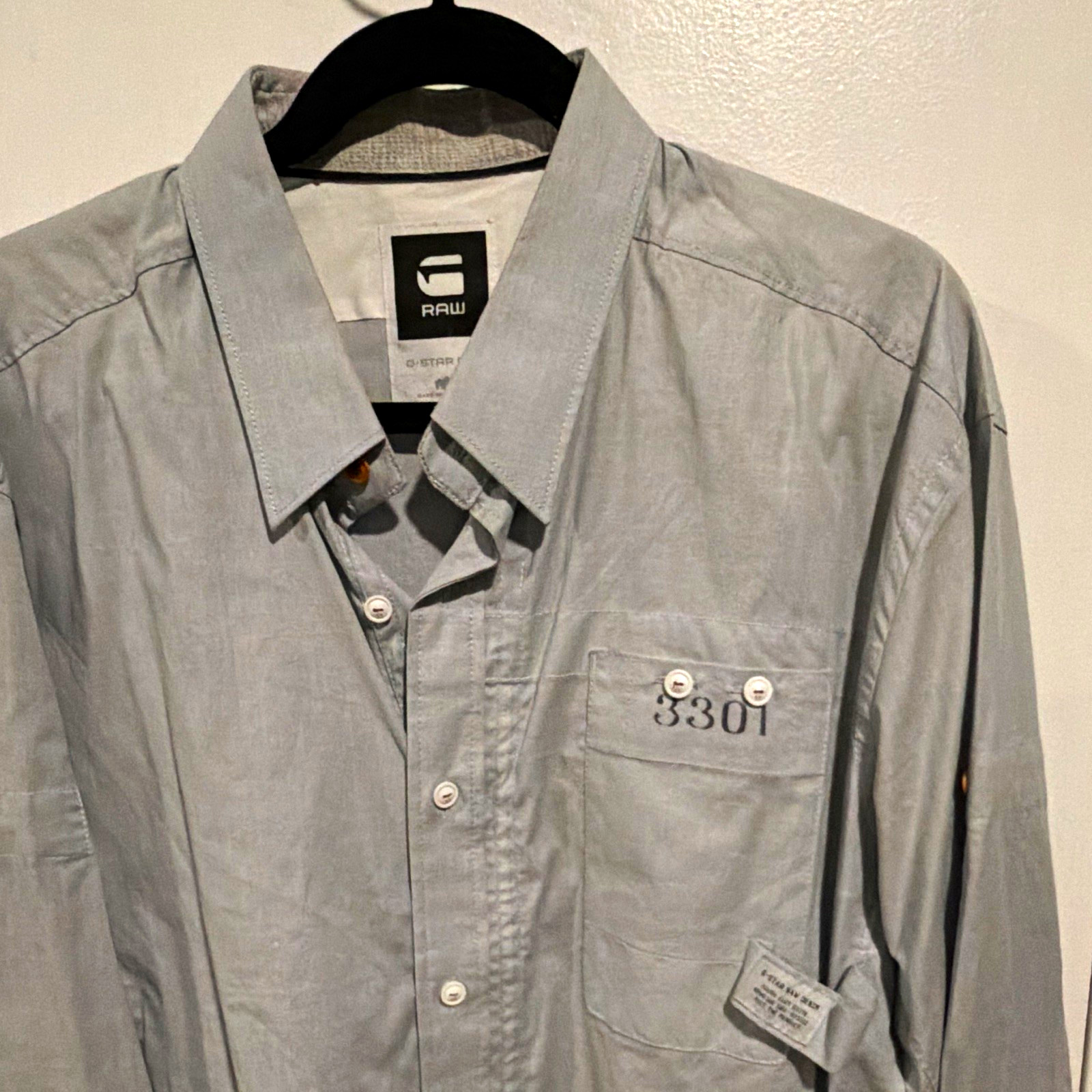 G-Star RAW Men’s 2XL Gray Solid Woven Long Sleeve Button-Up Shirt Chest Pocket
