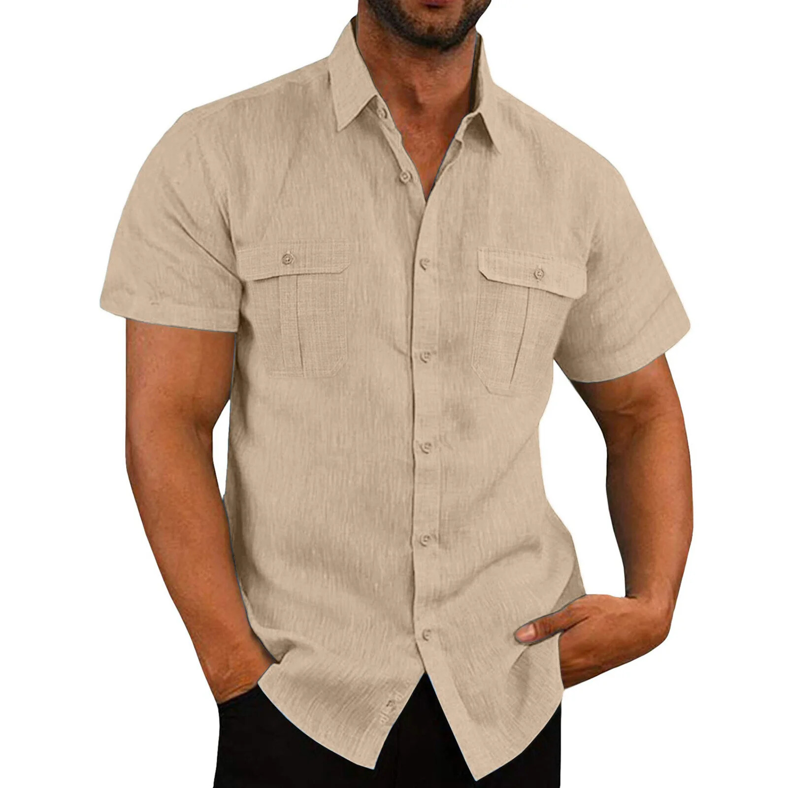 Hot Sale Cotton Linen Men Short-Sleeved Shirts Summer Solid Color Beach Style