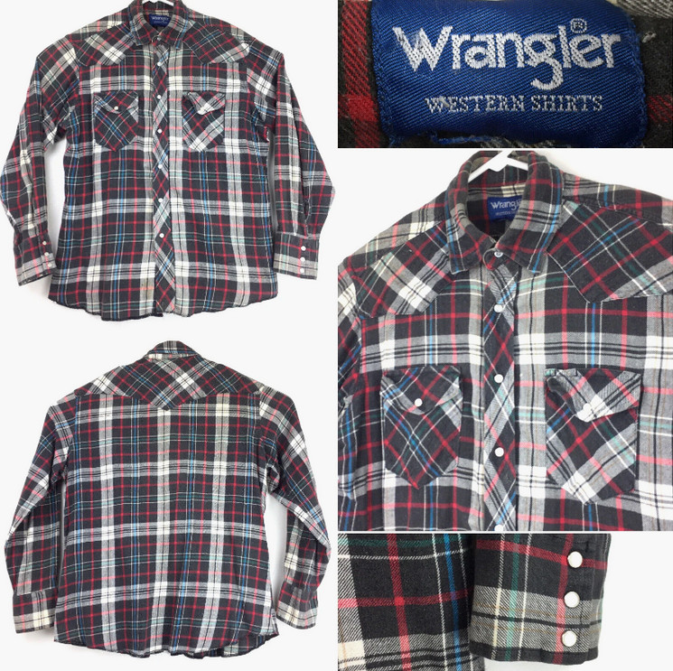 Wrangler Mens Large? (46 in Chest) Brown Red Plaid Plaid Flannel Pearl Snap
