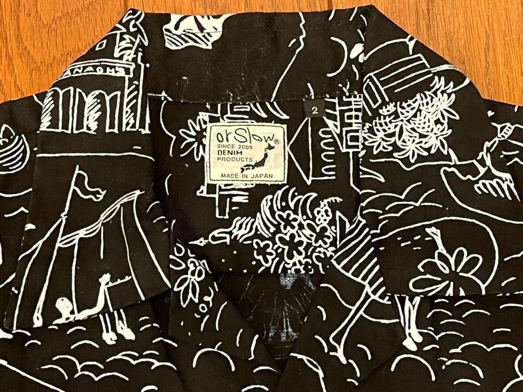 ORSLOW All Over Print Aloha Shirt Cotton Black Mens Size 2 M Made in Japan