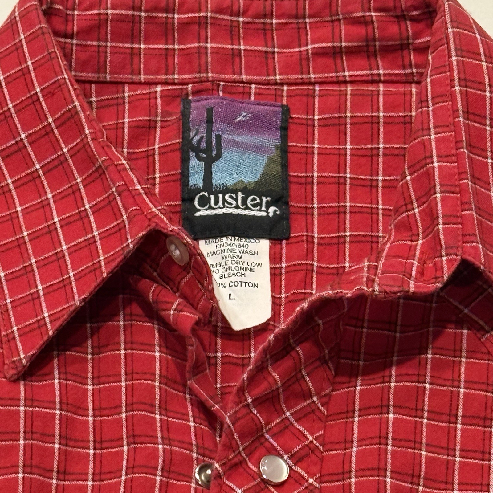 Vintage Custer Mens Red Plaid Western Pearl Snap Shirt Long Sleeve Large L