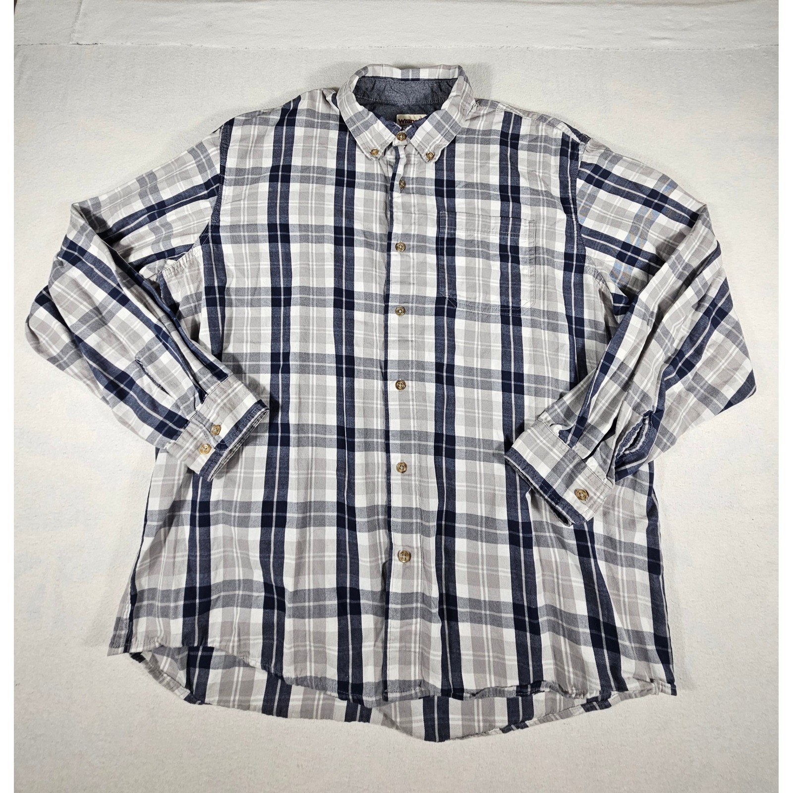 Wrangler Authentics Mens XL Plaid Button Down Shirt Navy Grey Cotton HXP2HLX