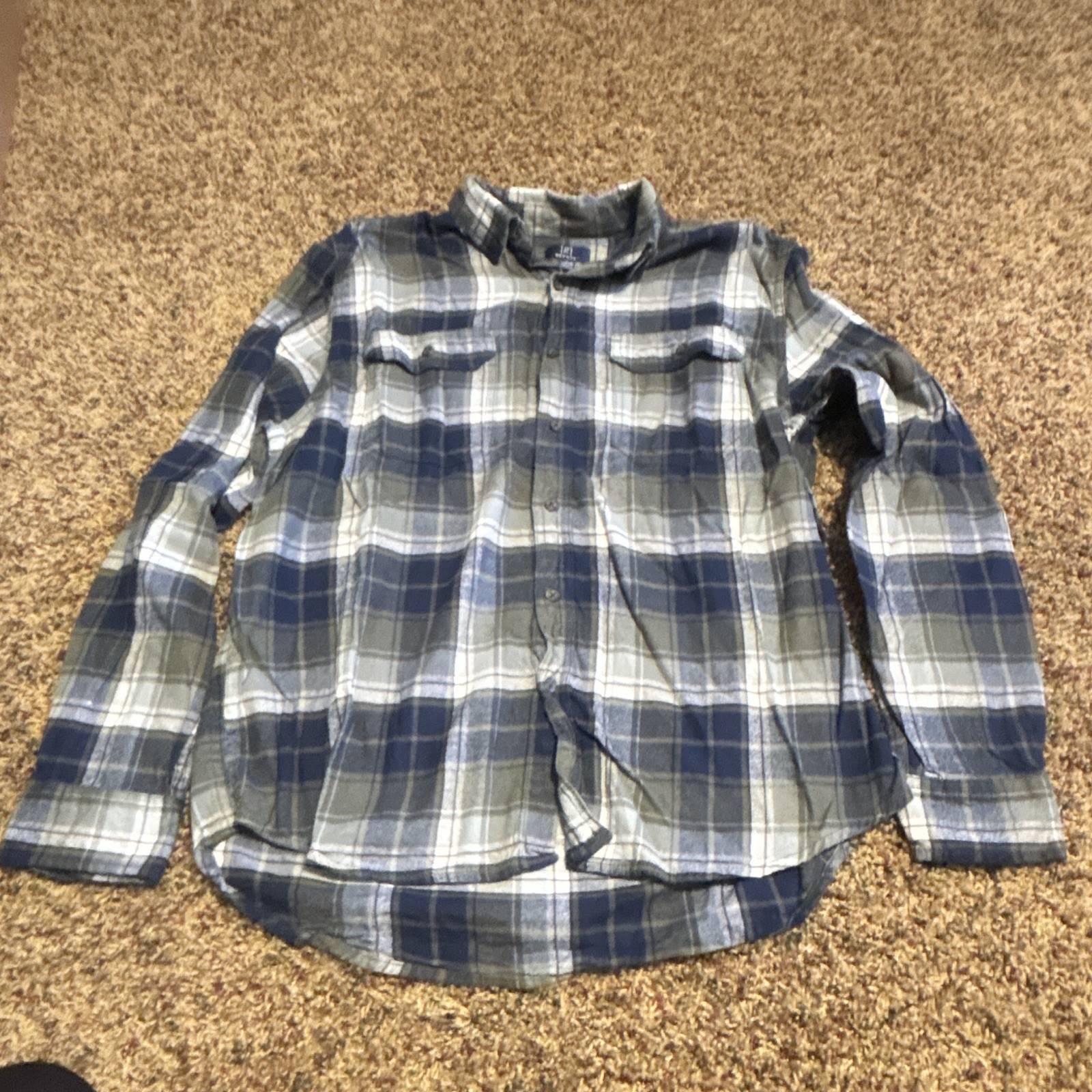 George Men’s L Blue Gray White Plaid Long Sleeve Button-Up Pockets 42-44