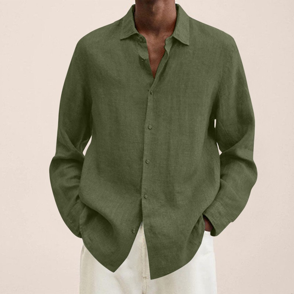 Mens Button-Up Baggy Long Sleeve Cotton Linen Dress Casual Solid Tops Shirt