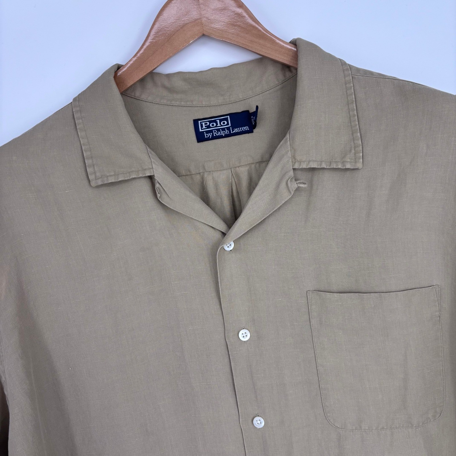Polo Ralph Lauren Camp Shirt Mens XXL Tan Linen Silk Short Sleeve Caldwell Khaki