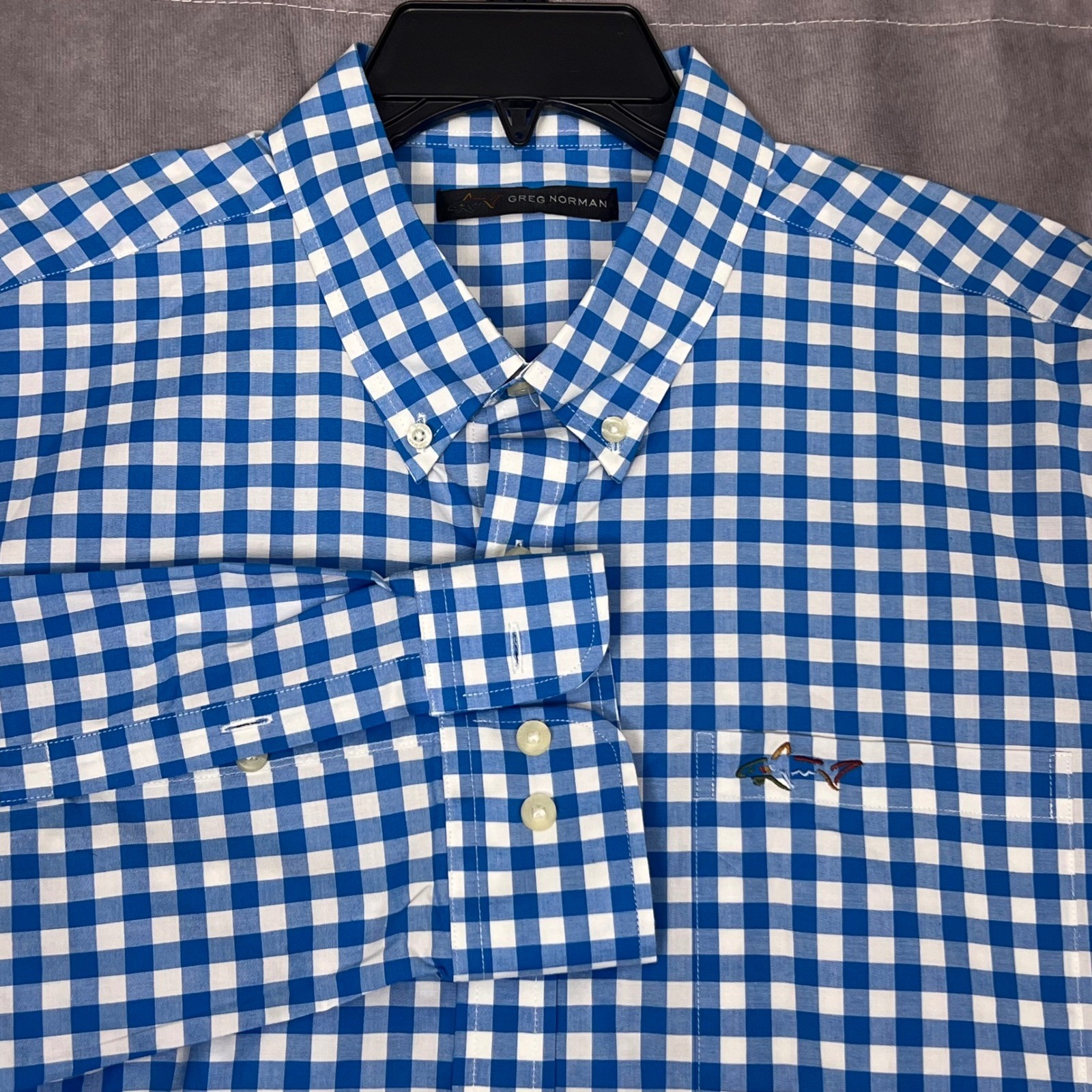 Greg Norman Button Down Shirt Mens L Teal Gingham Excellent Stretch Shark Logo