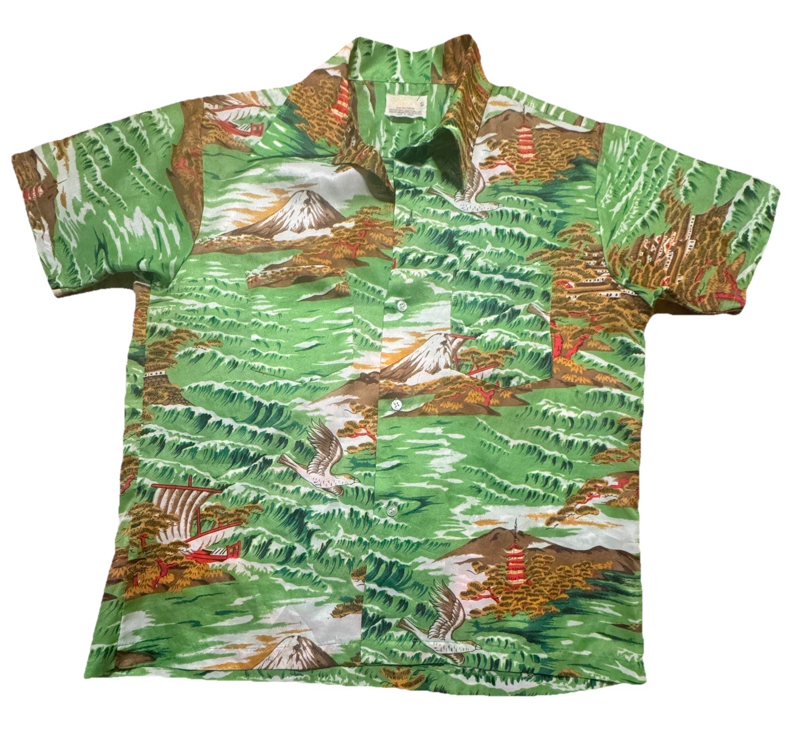 Vintage 1970s Broadway Hawaiian Aloha Shirt Asian Design Green Men’s Large Made