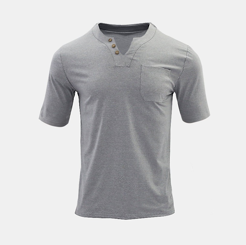 Men’s summer thin V-neck solid color pocket casual breathable T-shirt