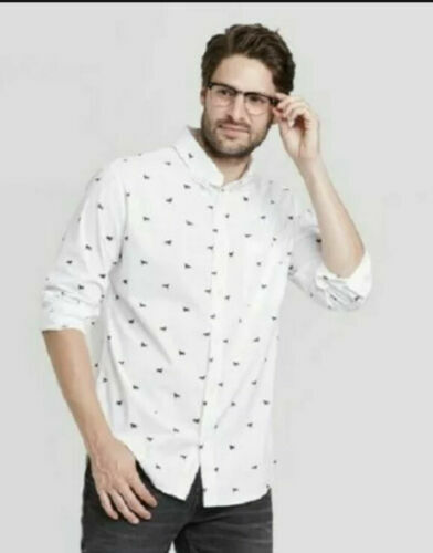 Goodfellow Poplin Button Down Long Sleeve Shirt White Dog Print S,M,L,XL (B164)