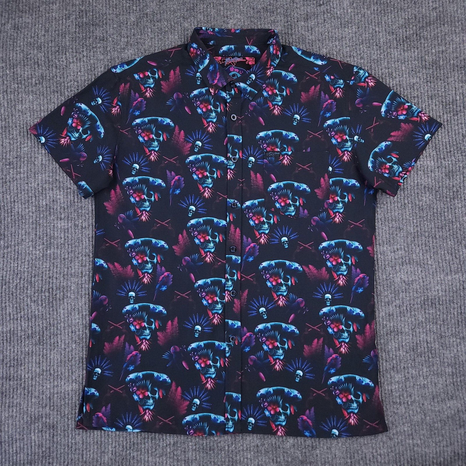 Retro Rifle Shirt Men Large Black Blue Pink Blackbeard Pirate Tropical Button Up