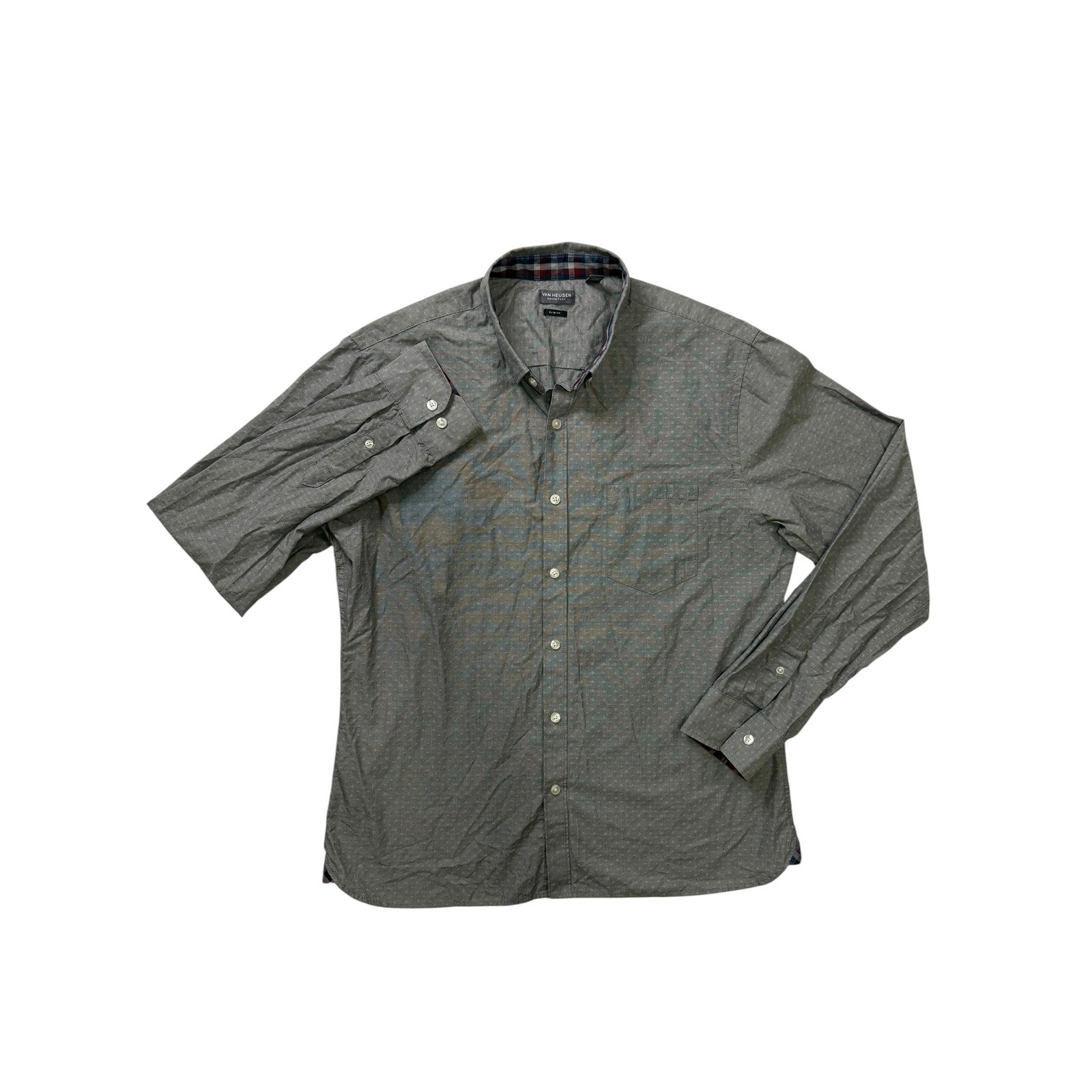 Van Heusen Never Tuck Slim Fit Grey Diamond Print Button Down Shirt Mens Large