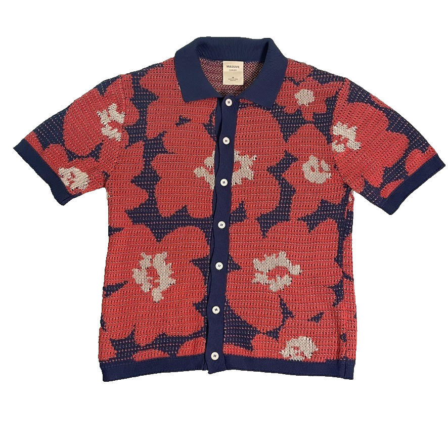 Massive Luxury Knit Polo Shirt Mens M Blue Floral Cotton Button Up Retro Mod Y2K