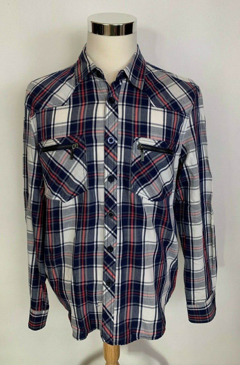 JNCO Crown Brand Men’s Long Sleeve Button Front Plaid Shirt Large Zipper Pockets
