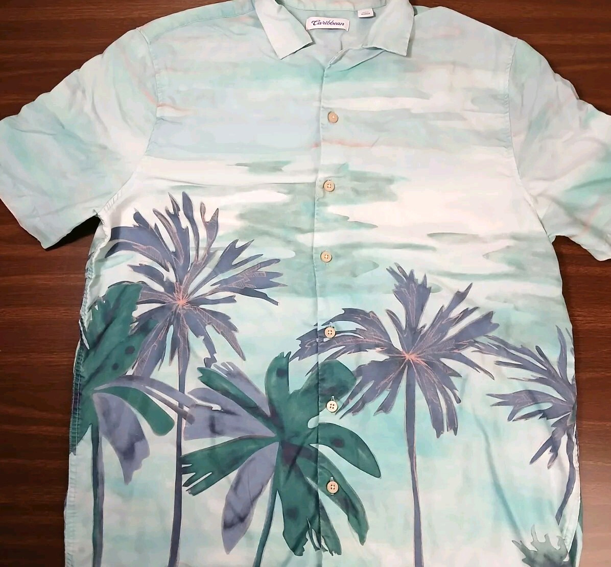 Caribbean Palm Tree Button Down Blue Green Shirt Men’s Size Large