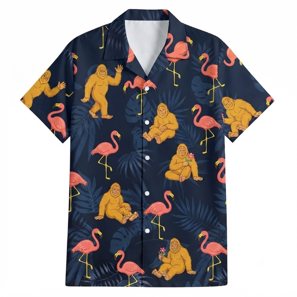 Bigfoot Tropical Vacation With Flamingos Hawaiian Shirt, Friends Gift