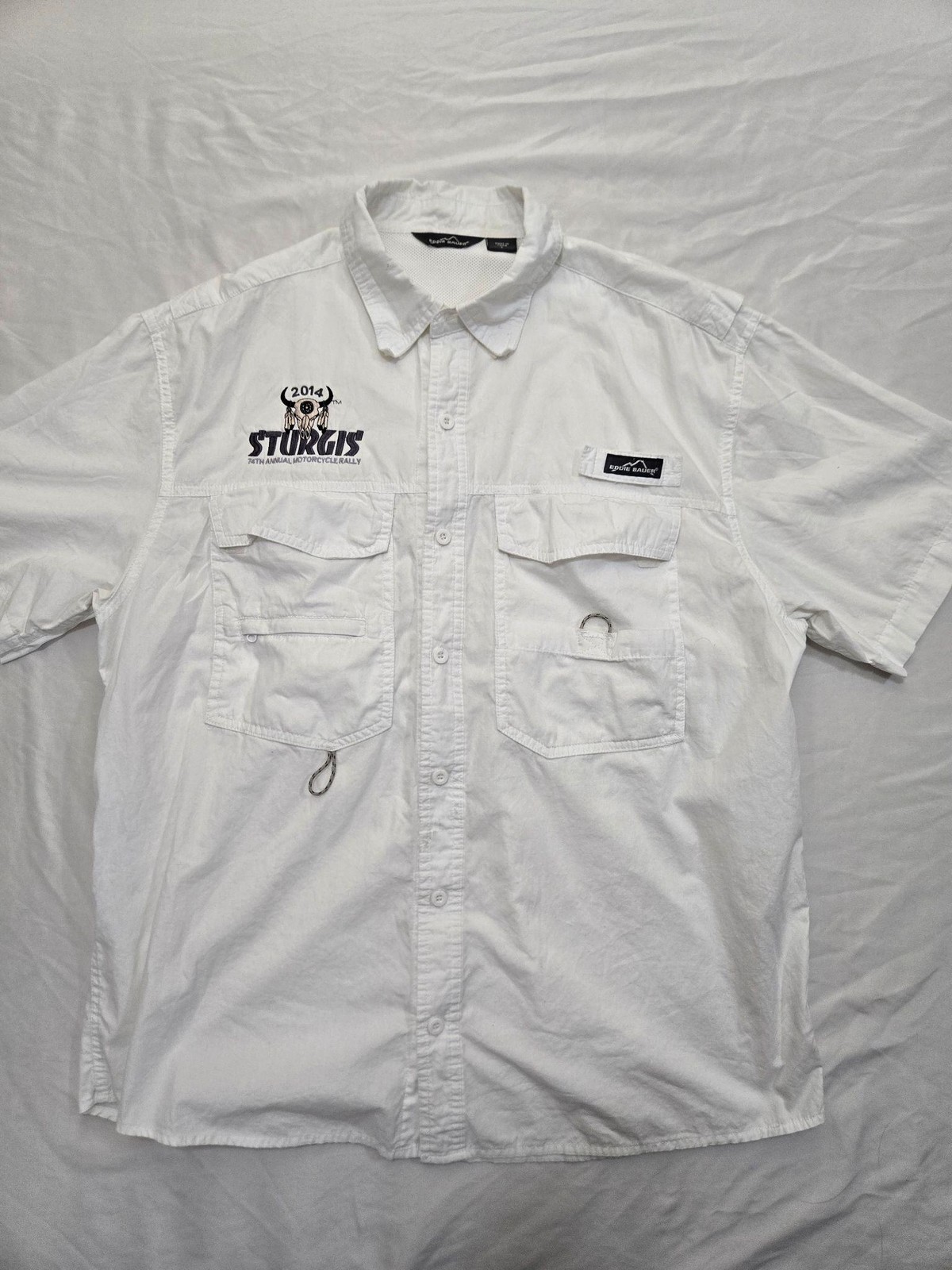Eddie Bauer Shirt Mens L White Short Sleeve Button-Up Sturgis Embroidered Lined