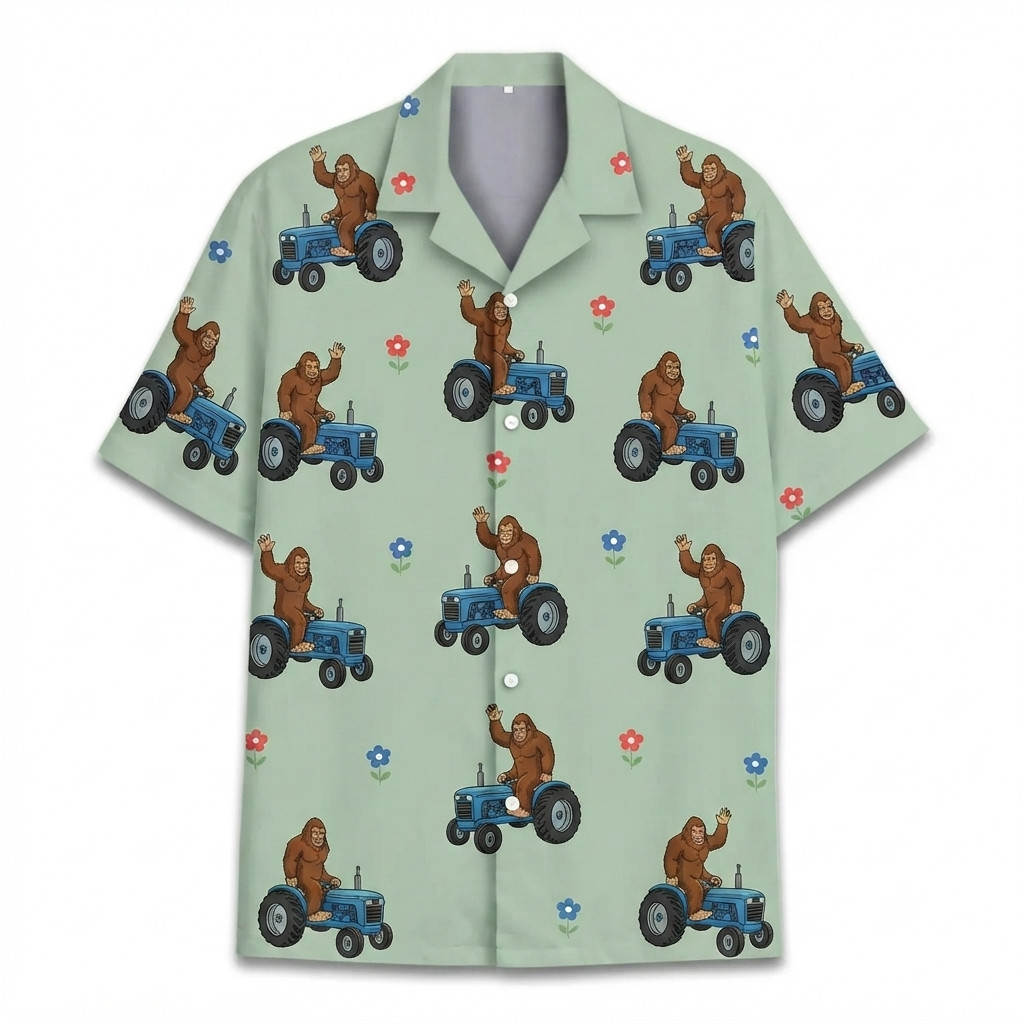 Bigfoot Farmer Tractor, Little Flowers & Sage Green Hawaiian Shirt, Friends Gift