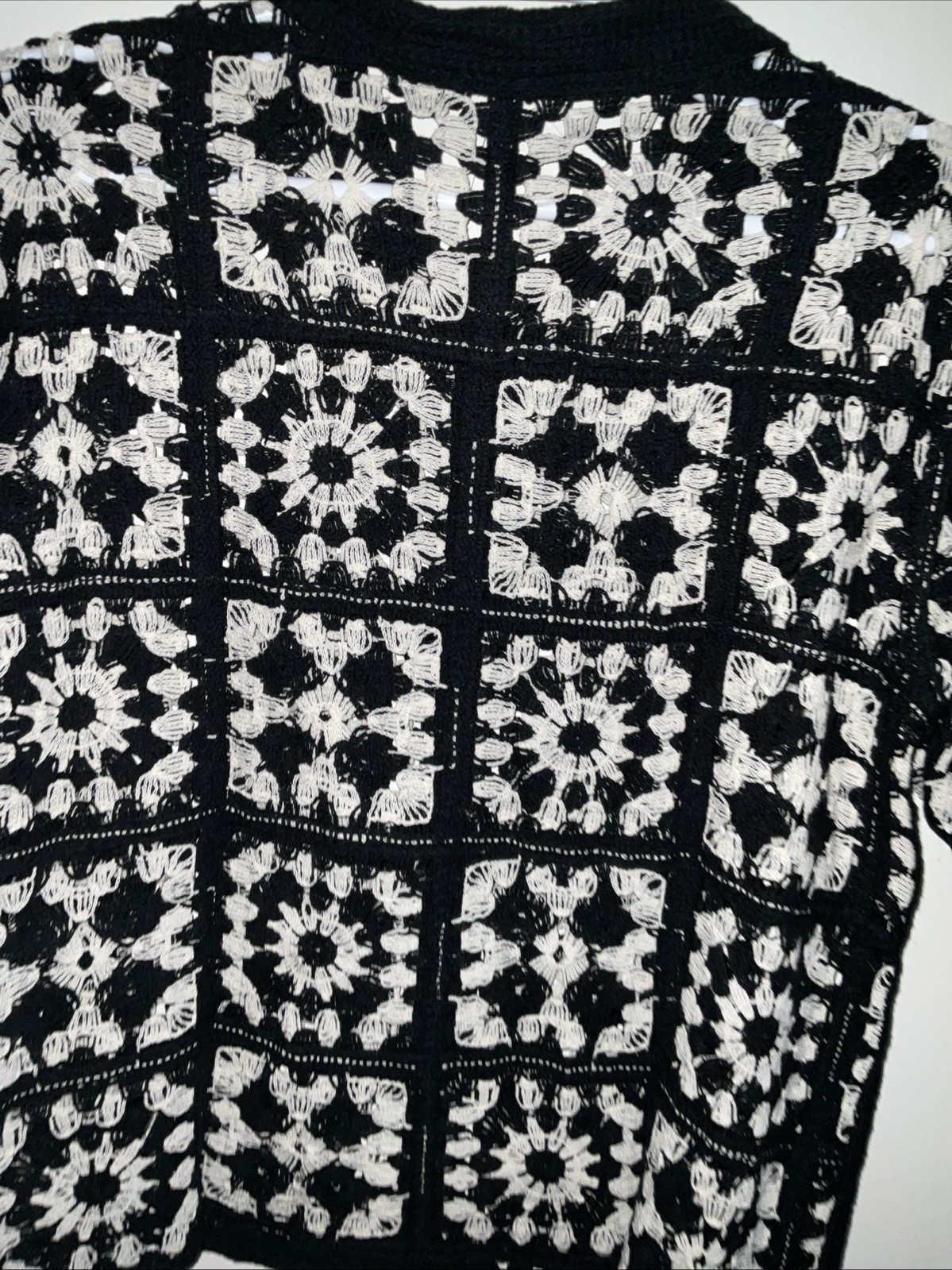 MORSECODE CROCHET OPEN LOOSE KNIT SQUARE PATCHWORK BLACK BUTTON SHIRT L NWT