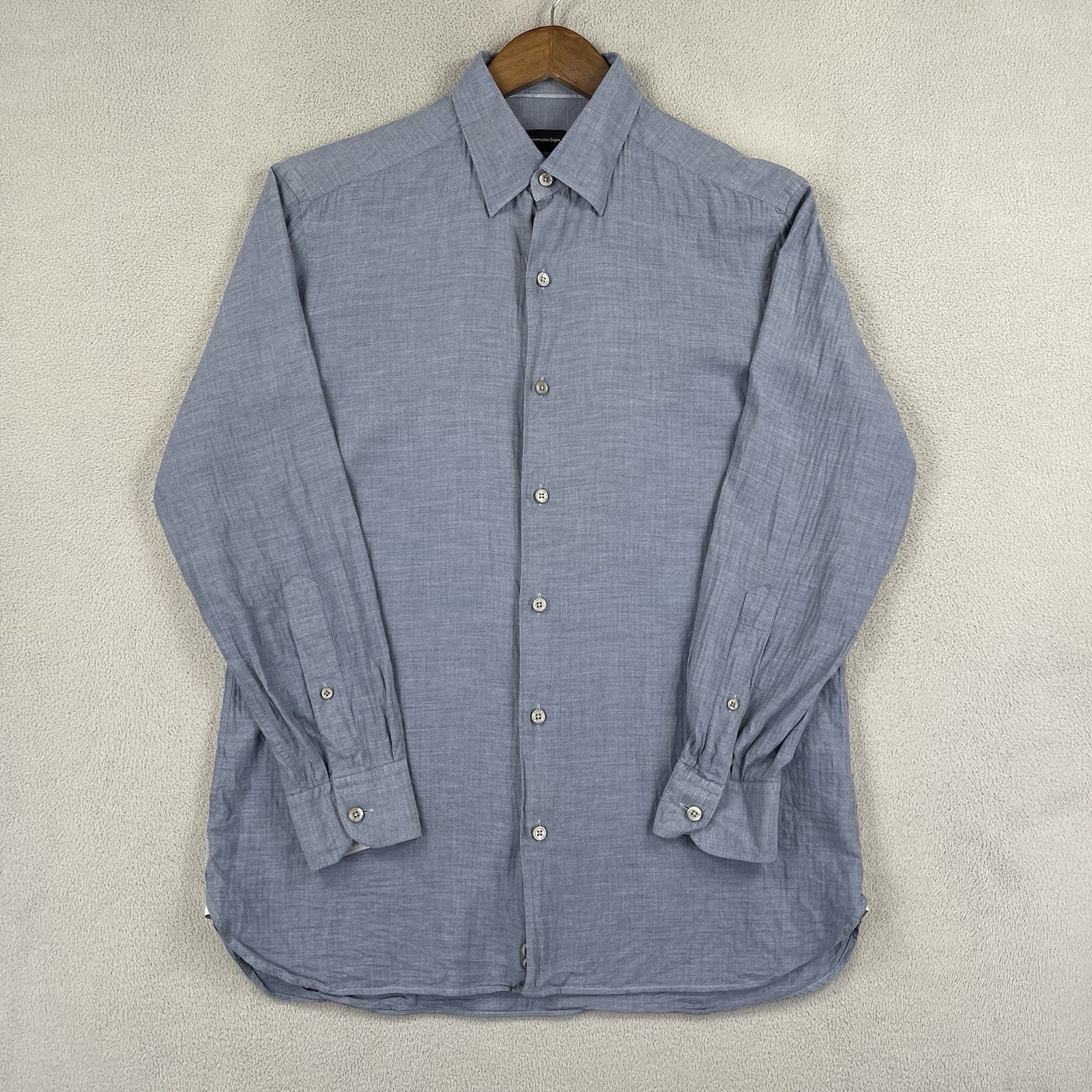 Ermenegildo Zegna Shirt Mens Medium Blue Button Up Business Dress Long Sleeve
