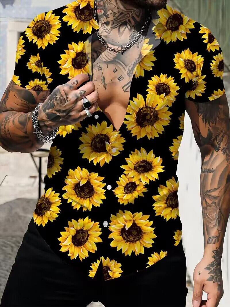 Mens Fashion Buttons Up Shirt Yellow Sunflower Graphic Black Short Sleeve Dress