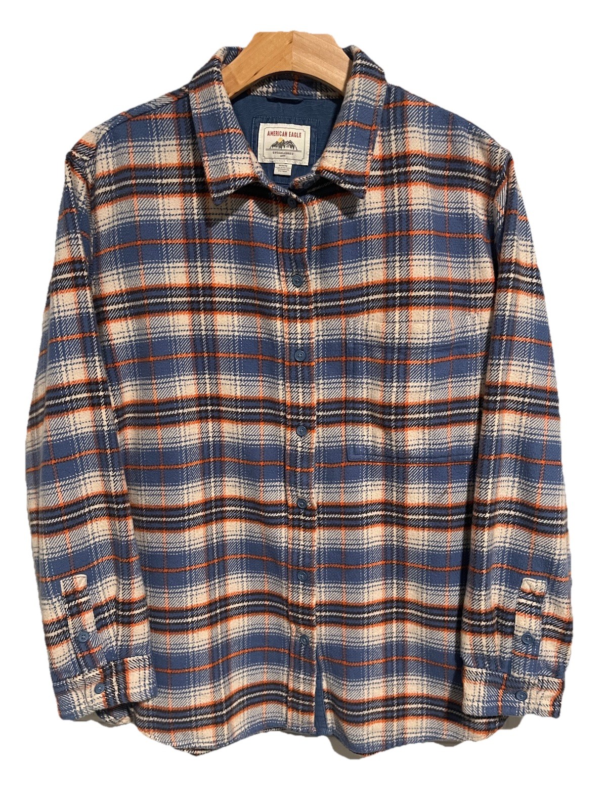 American Eagle Plaid Flannel Shirt Mens Size M Blue Long Sleeve Button Down