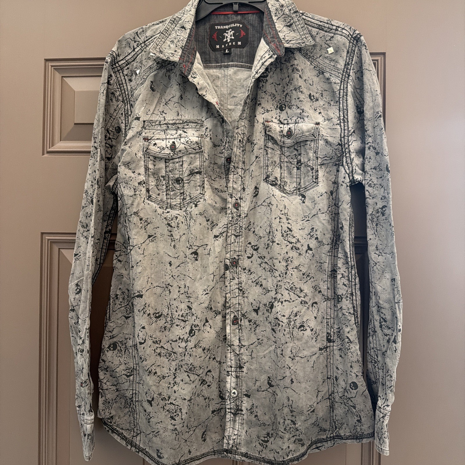 Tranquility & Mayhem Skull Studded Shirt Grey Large Button Down Rock Biker