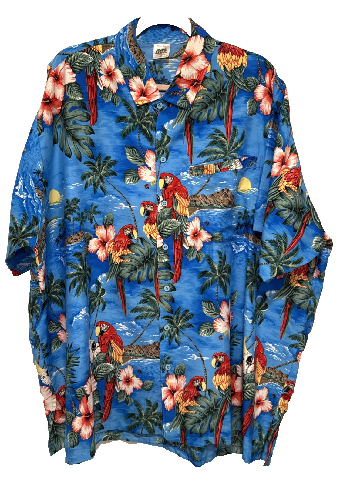 Happy Bay Mens XXL Hawaiian Shirt Tropical Parrots Hibiscus Flowers Diamond Head