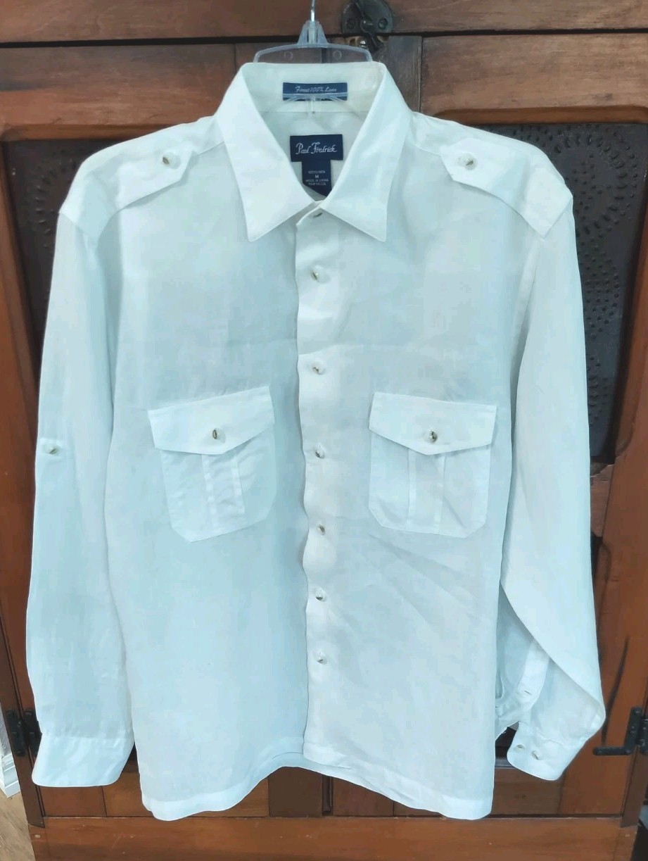 PAUL FREDERICK Linen Shirt Mens M Fit L Epaulets LS Roll Tab Button Up Wedding