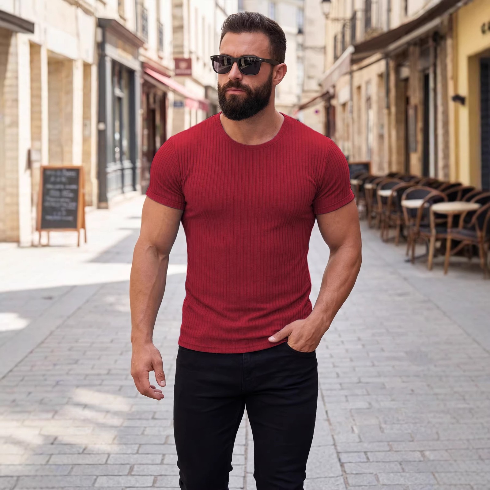 Summer Vertical Stripe Stretch Crew Neck Athletic Tee