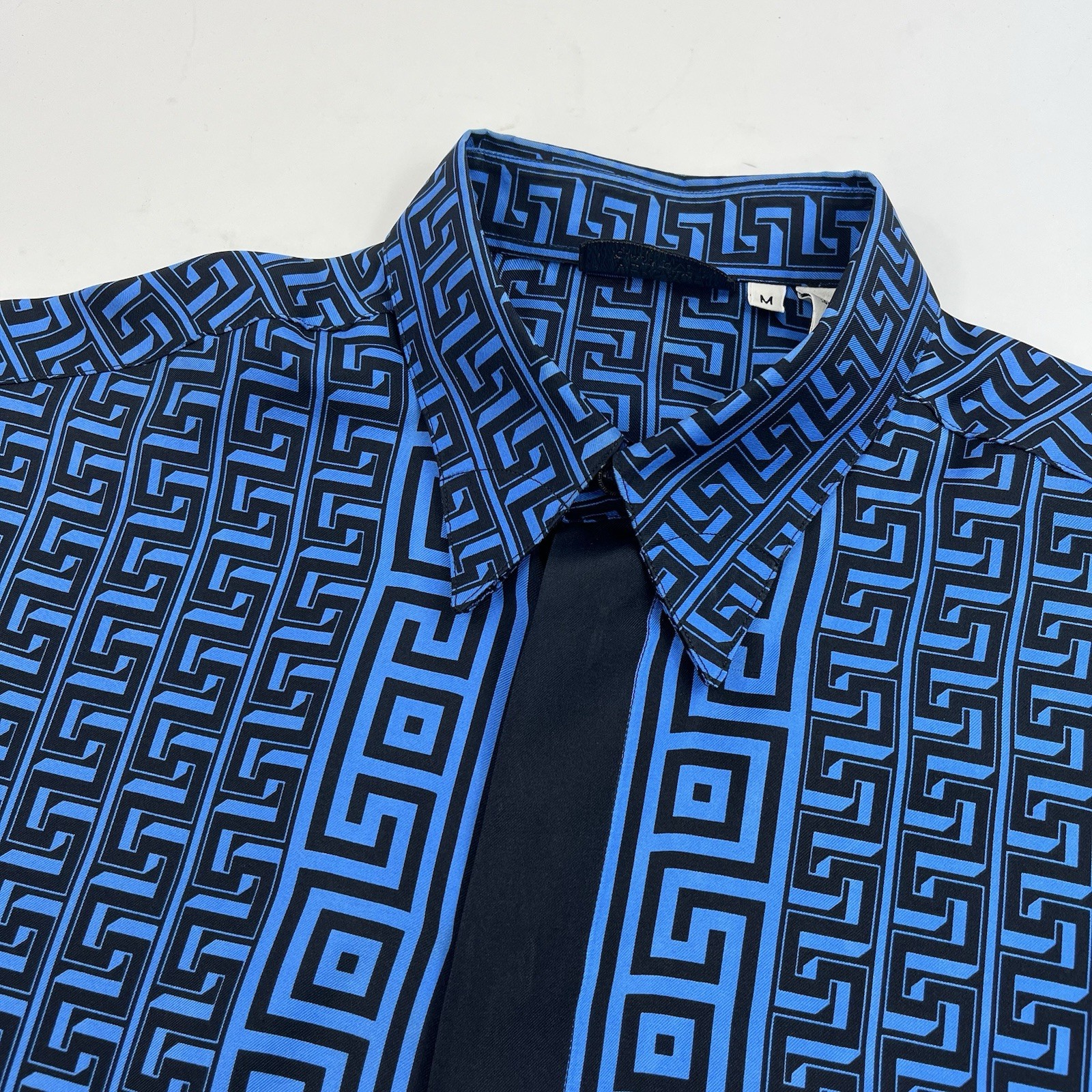 Versace V2 Blue Greca Baroque Silk Long Sleeve Shirt Size Medium Made Italy