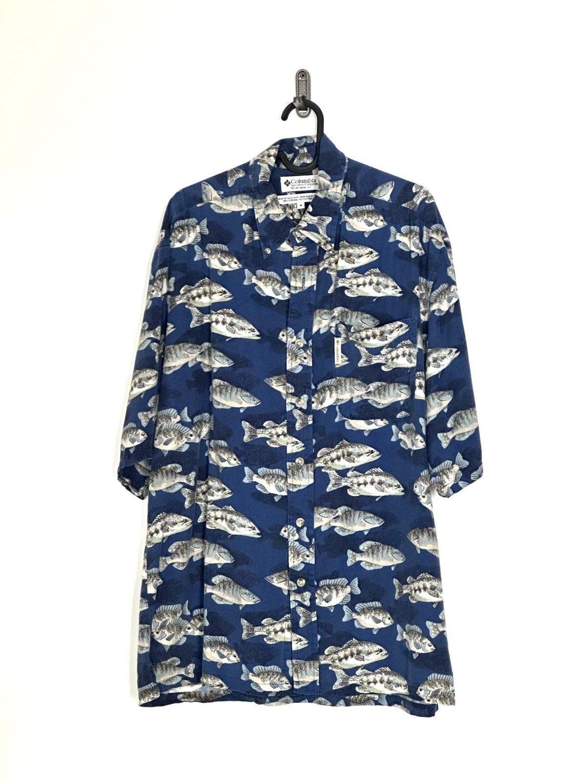 Columbia Fish Print Shirt Men’s M Blue Fishing Angler Cotton Blend Short Sleeve
