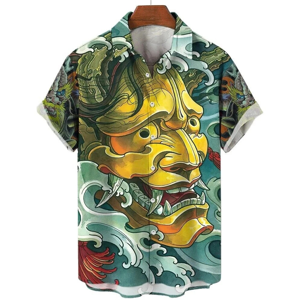 Japanese Samurai Devil Ghost Mask Print Men’s HAWAIIAN Button Up Shirt Lapel Top