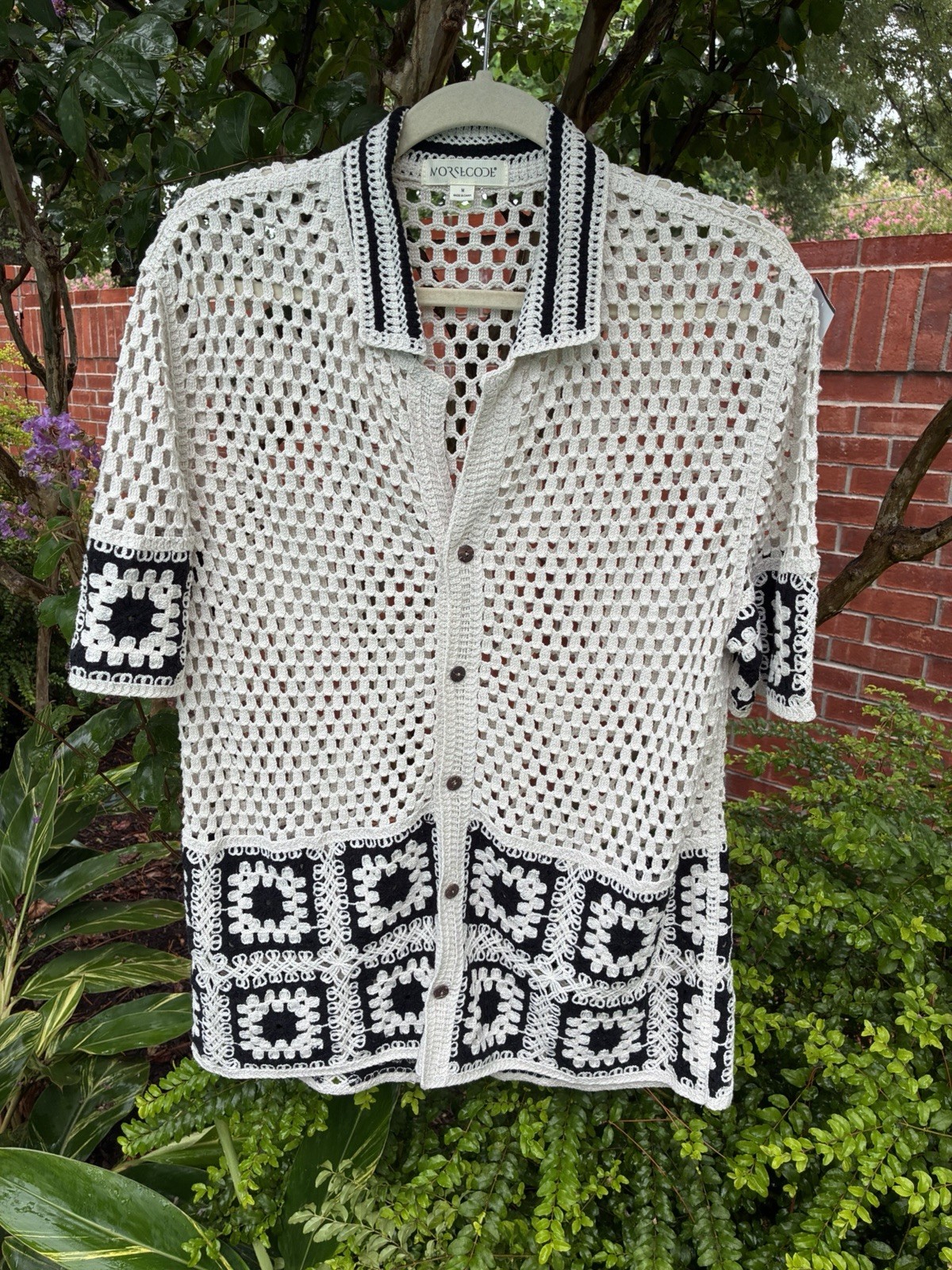 MORSECODE Men’s Cream Black Open Crochet KnitGranny Square Camp Shirt SizeM