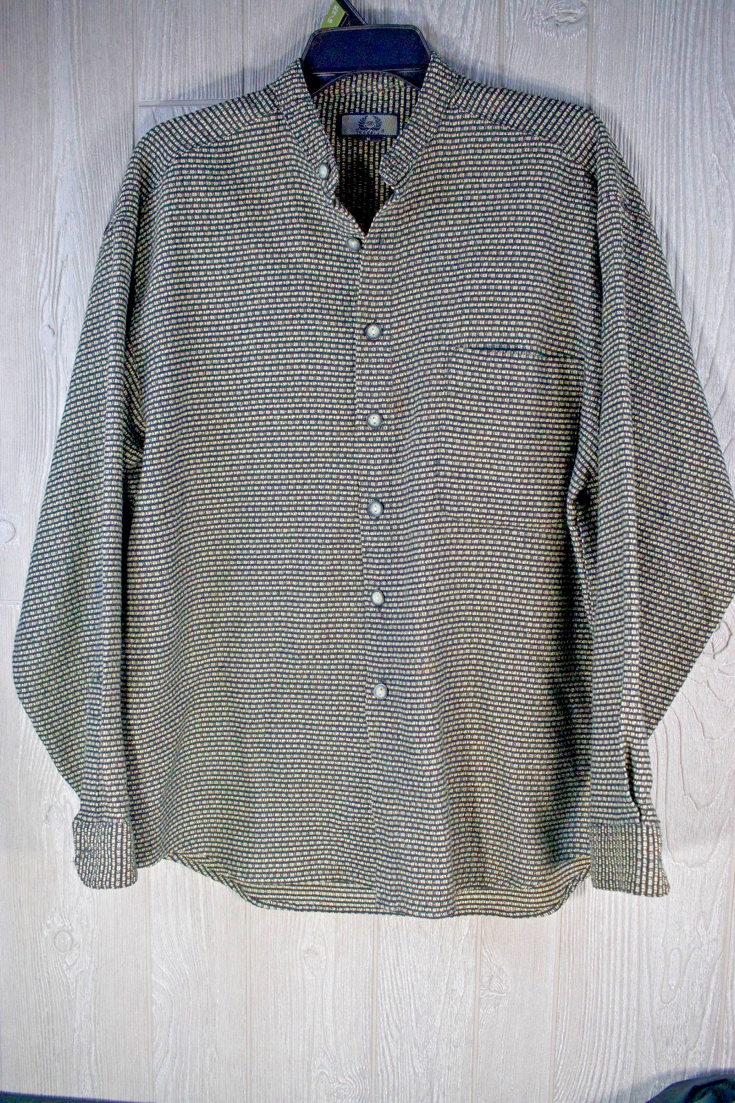 Officer Gentleman Vintage Long Sleeve Button Shirt Men M Black Beige Geometric
