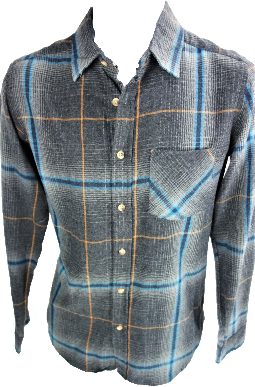 Small Rustic Blue Flannel Plaid Shirt Button Front Gray Grey Blue