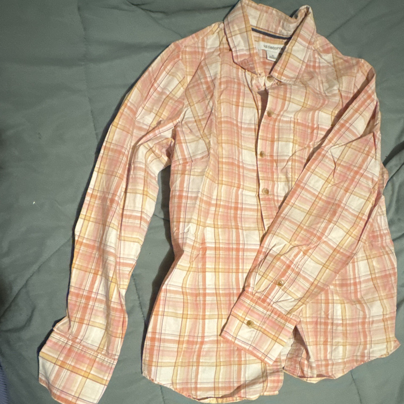 Liz Claiborne Men’s M Regular Pink White Yellow Plaid Woven Button-Up Shirt