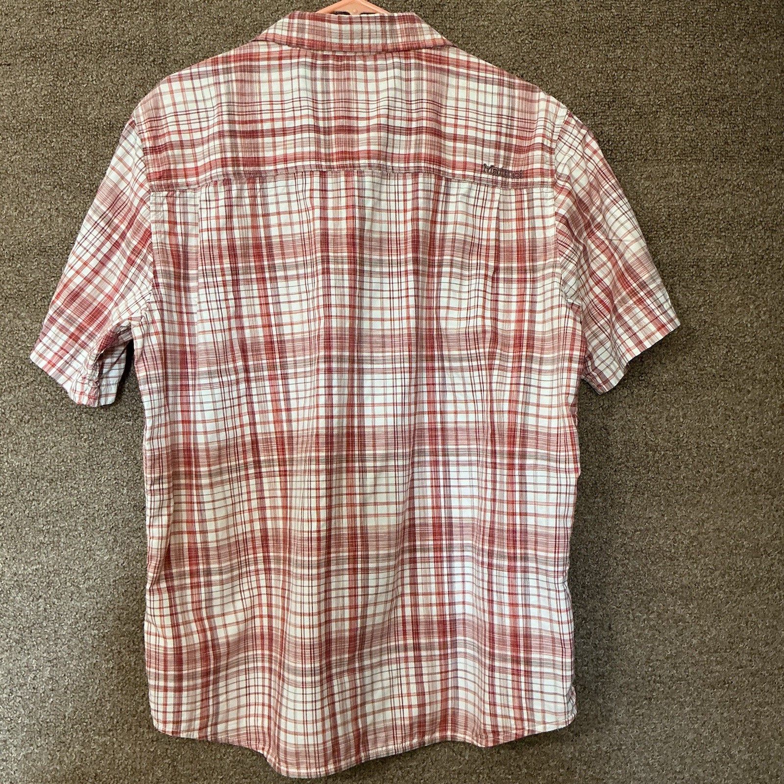Marmot Men’s Plaid Short Sleeve Button Shirt Sz L Red White Gray Organic Cotton