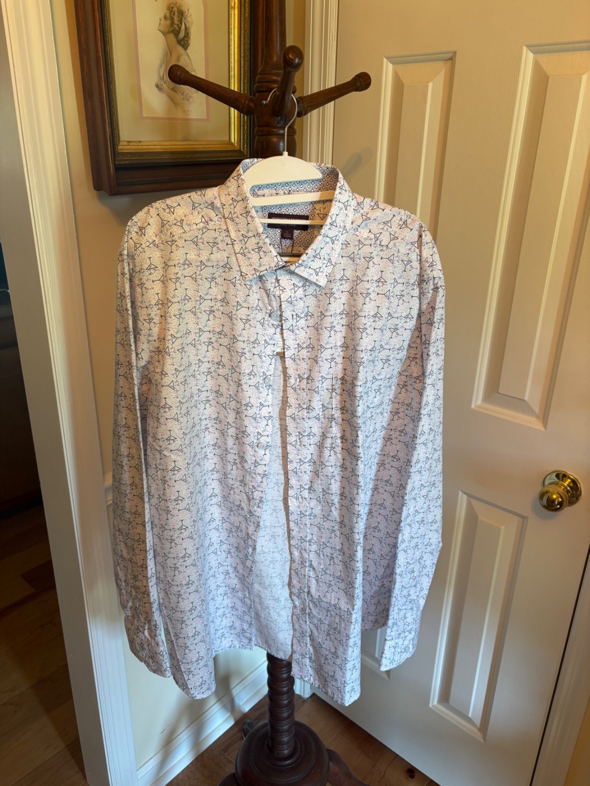 Johnston & Murphy Martini Print Button Down Mens L Long Sleeve Navy Pink NWT