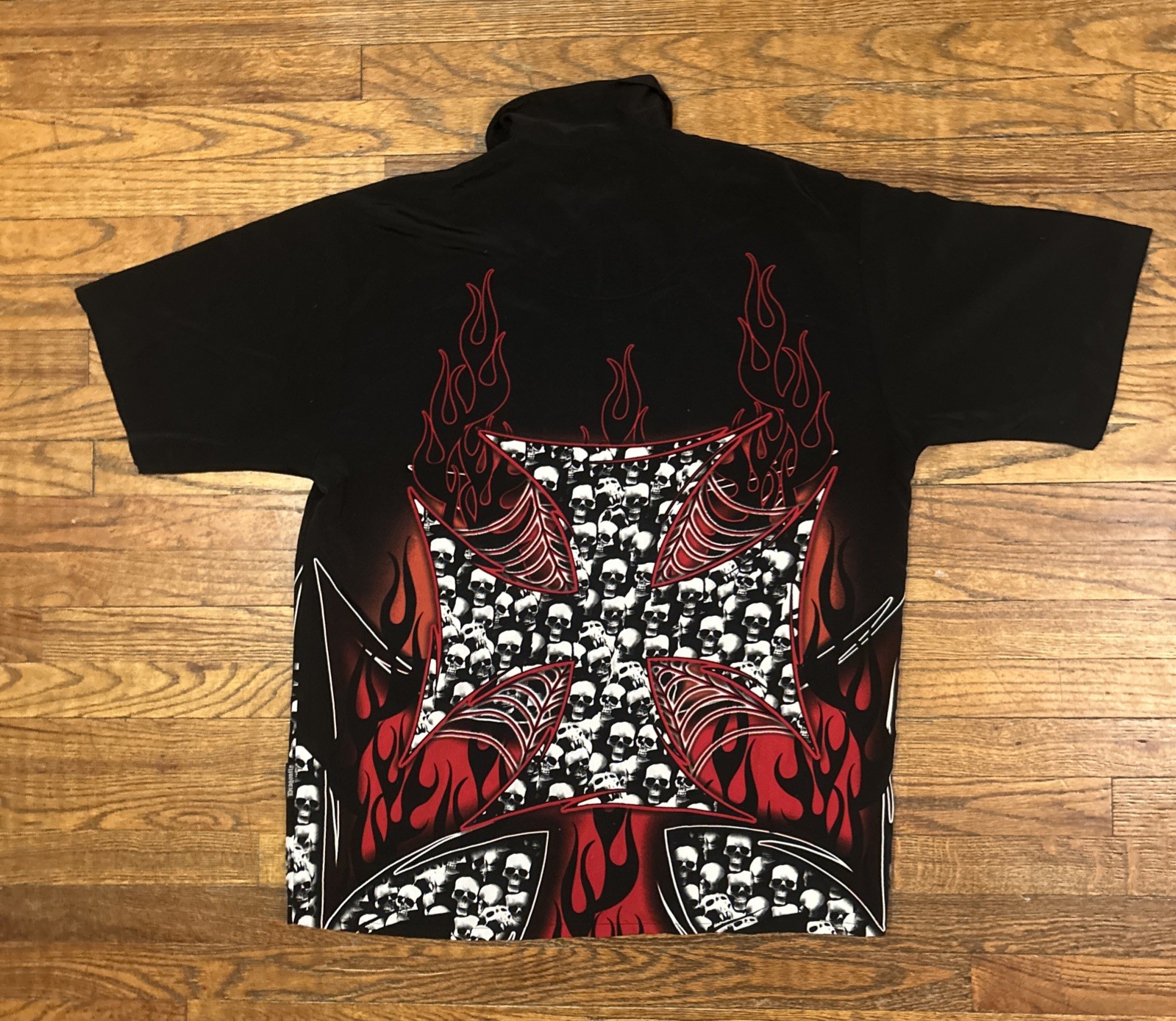 Vintage Dragonfly Clothing Metal Skull Print Shirt Size XL Button Down Y2K