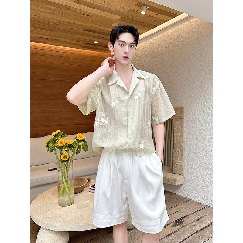Men’s Lapel embroidery Floral Short Sleeve Summer Loose Perspective Shirt Tops