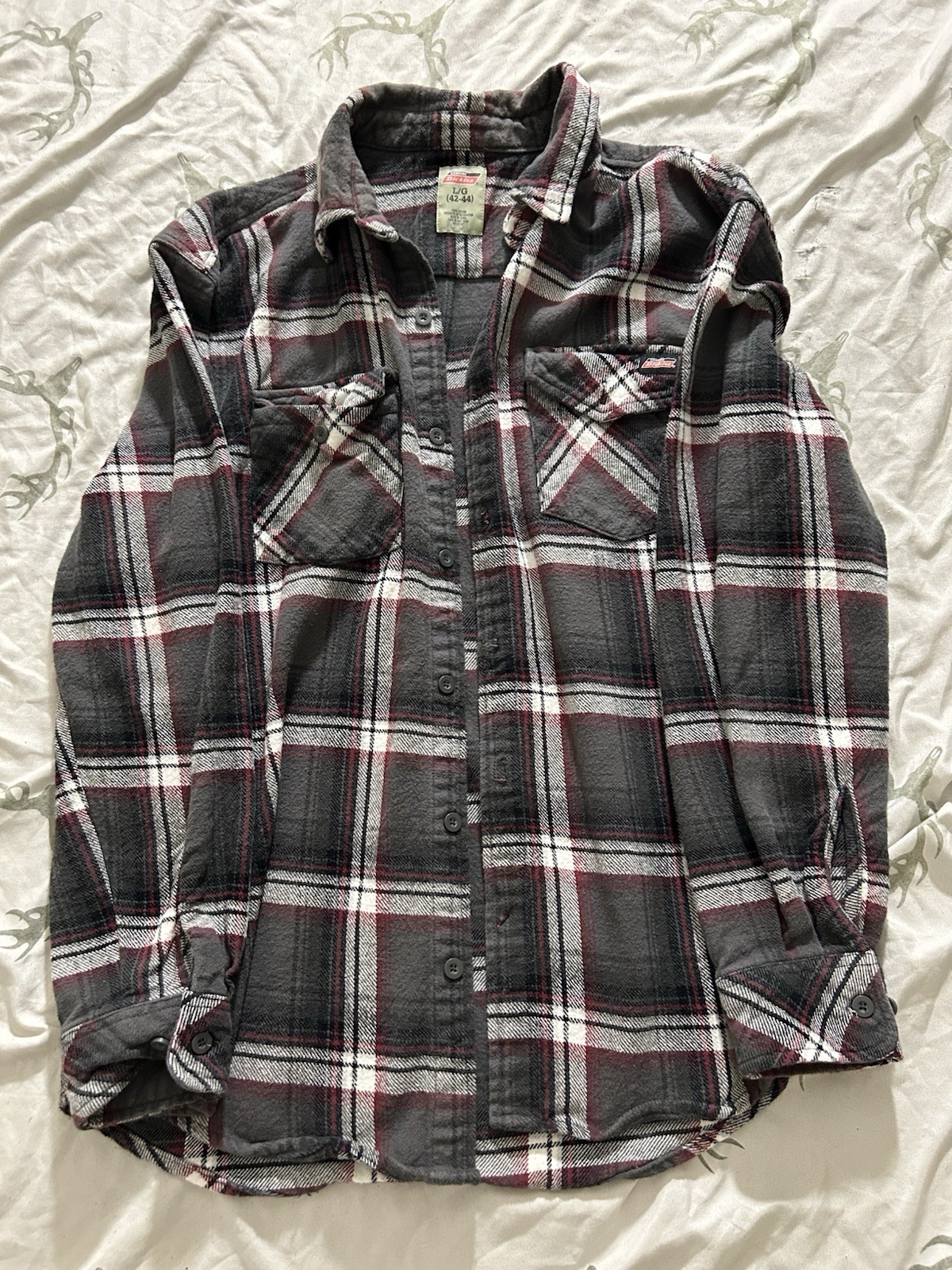 Dickies Flannel Shirt Mens Large 42-44 Gray Red Plaid Button Up Long Sleeve Work