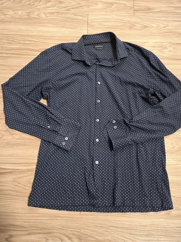 Bugatchi Navy Micro-Geometric 4 way Stretch Long Sleeve Button-Down Shirt-Large